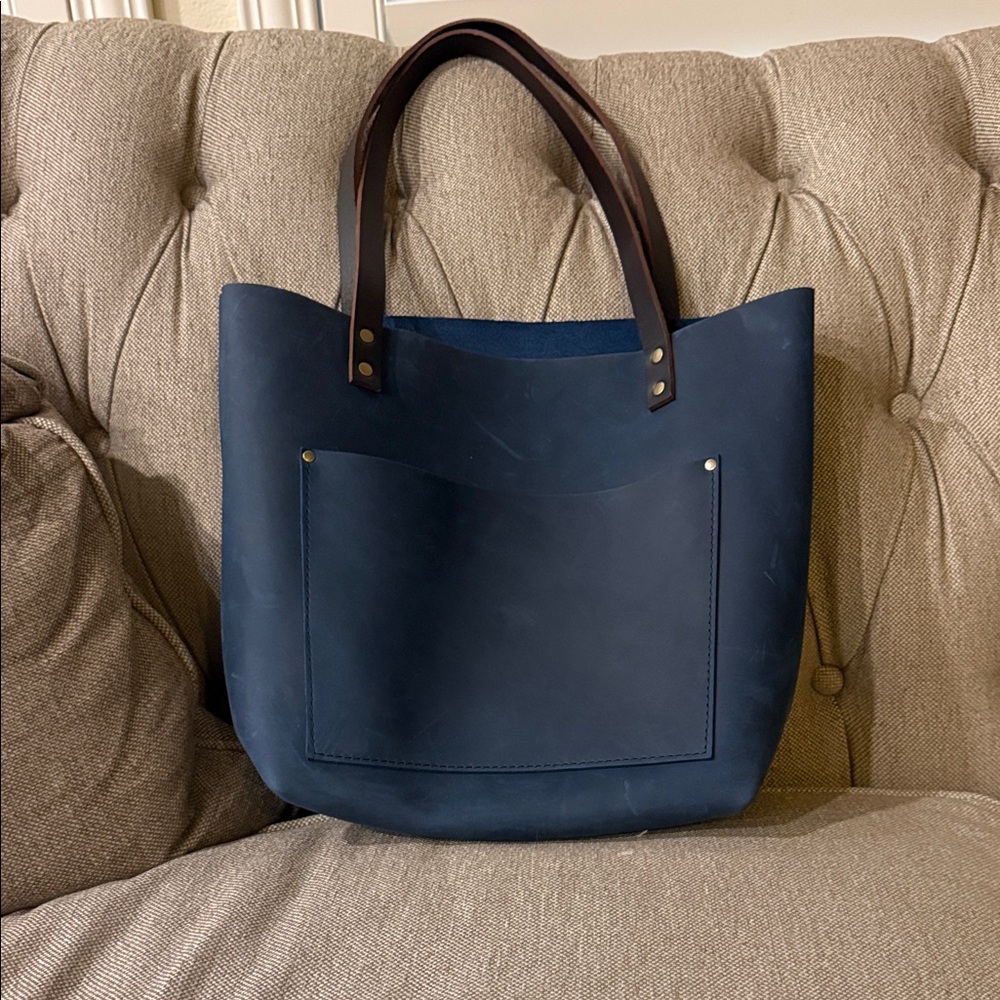 Portland Leather Navy Tote with Brown Handles - Picture 2 of 5